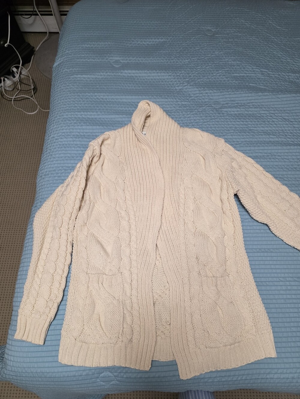 100% Merino Wool  Cream Cable Knit Open-Front Women's Sweater Cardigan Size L